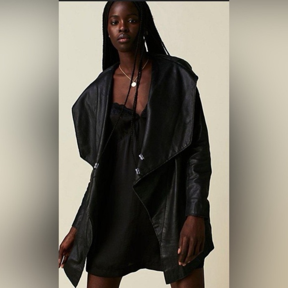 NWT Mauritius x Free People Cleo Black Hooded Lamb Leather Parka Jacket M